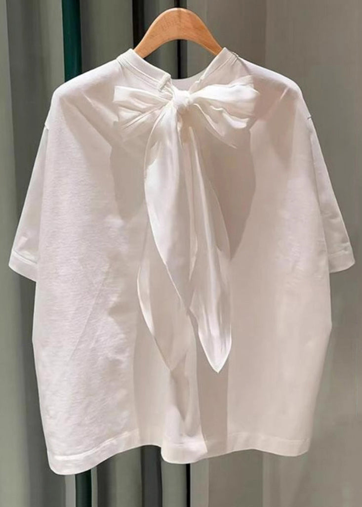 Simple White Lace Up Cotton T Shirts Summer