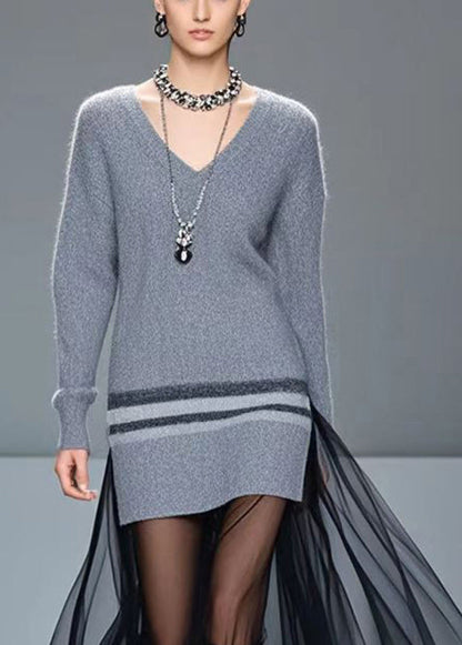 Grey V Neck Patchwork Tulle Knitted Dress Winter