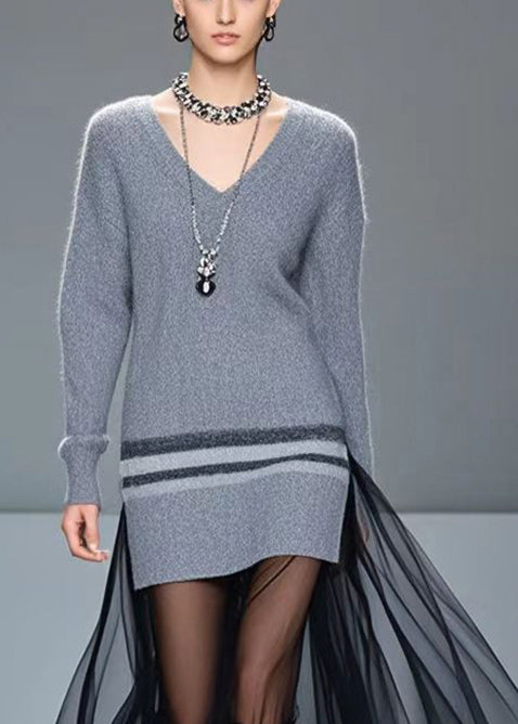 Grey V Neck Patchwork Tulle Knitted Dress Winter