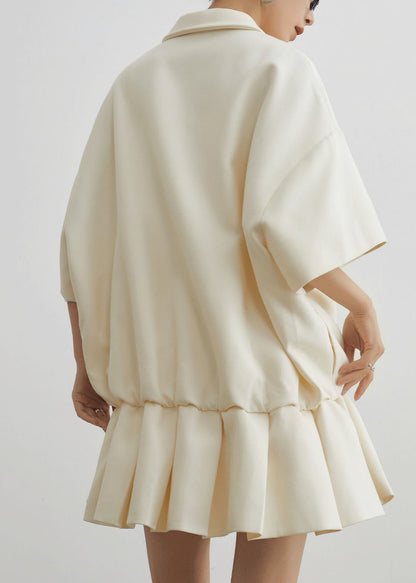 Beige Peter Pan Collar Wrinkled Patchwork Cotton Dress Summer