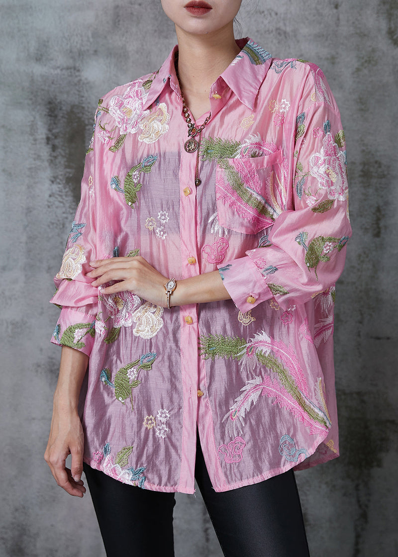 Style Pink Embroidered Linen Silk Upf 50+ Top Summer