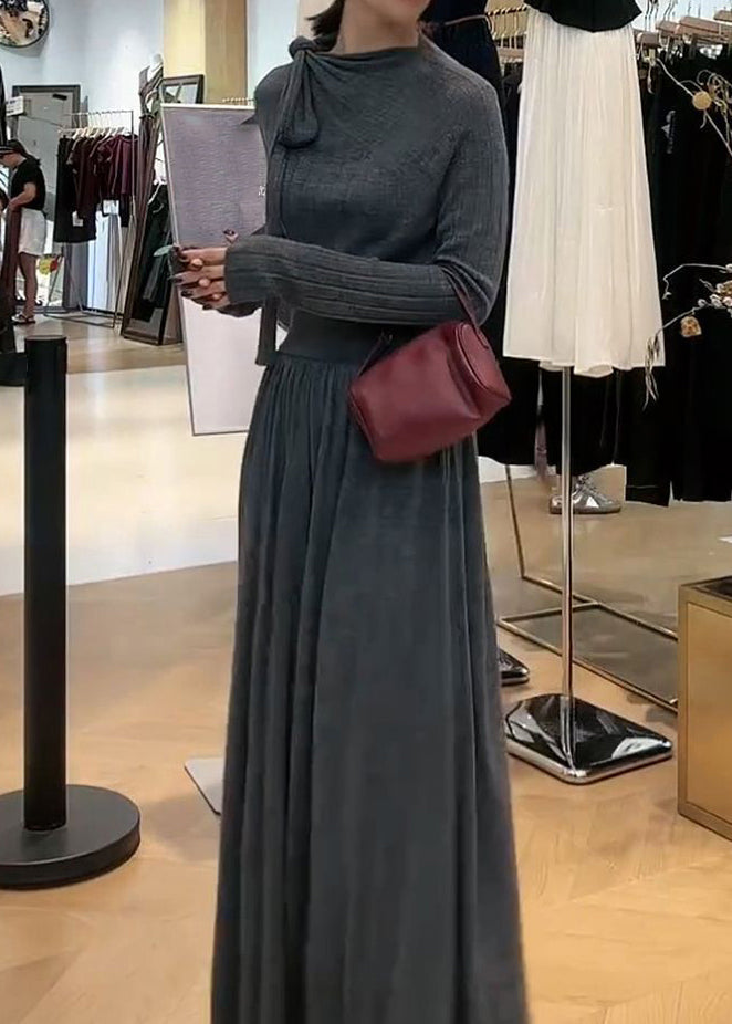 Stylish Grey Neck Knit Top and Maxi Skirts Two Pieces Set Winter