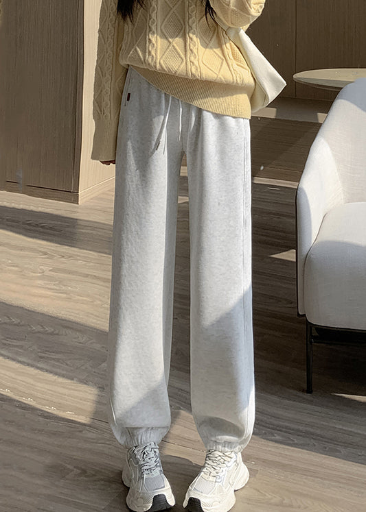 Light Grey Pockets Elastic Waist Warm Fleece Beam Pants Winter