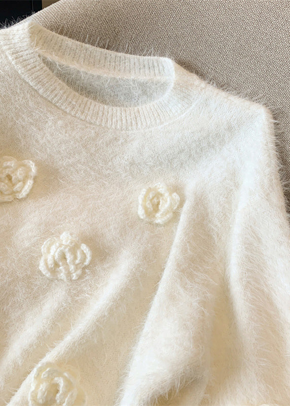 White O-neck Mink Hair Knitted Sweaters Winter