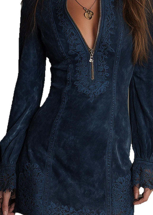 Navy Zip Up Lace Patchwork Cotton Mini Dresses Fall