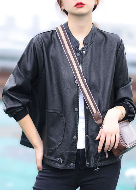 Black Button Drawstring Stand Collar Faux Leather Coats Long Sleeve