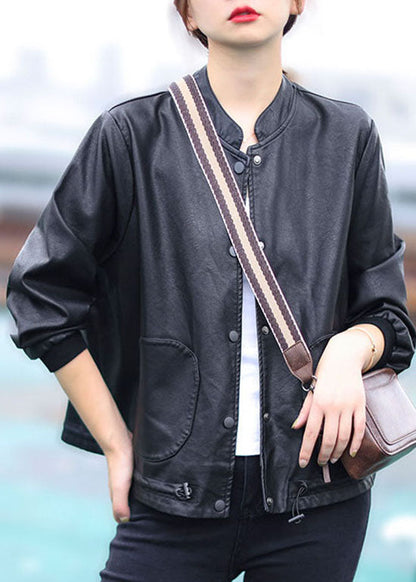 Black Button Drawstring Stand Collar Faux Leather Coats Long Sleeve