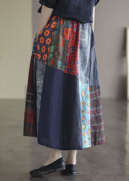 Colorblock Elastic Waist Patchwork Print Linen Skirts Summer