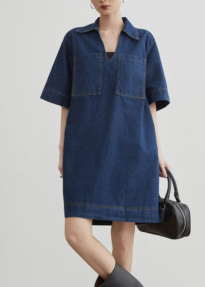 Blue Peter Pan Collar Pockets Denim T Shirt Dresses Summer