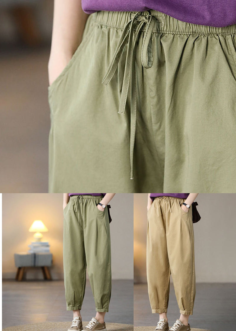 Khaki Pockets Cotton Crop Pants High Waist Spring