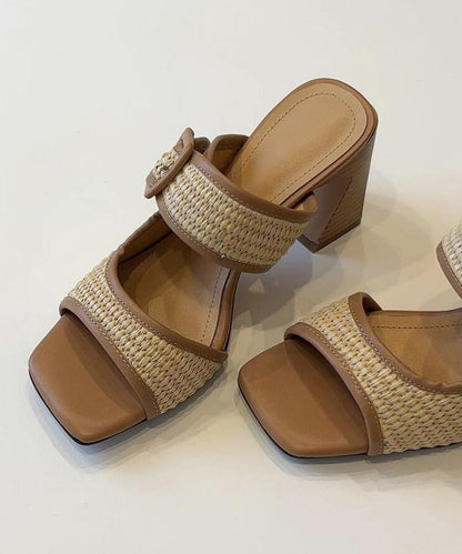 Splicing Chunky Heel Brown Faux Leather Slide Sandals