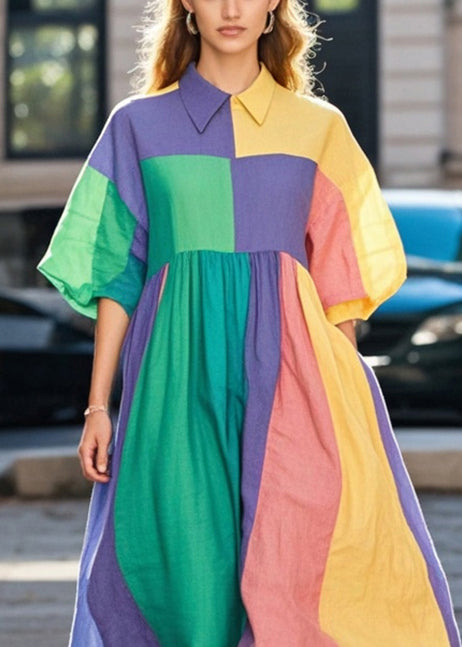 Colorblock Asymmetrical Patchwork Cotton Long Dresses Fall