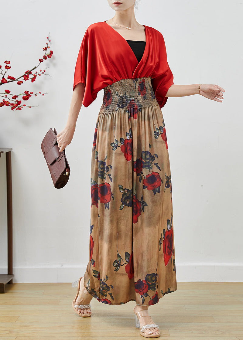Red Elastic Waist Patchwork Chiffon Dress Summer