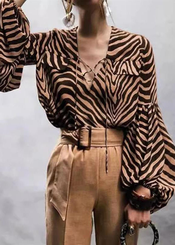 Zebra Print V-neck Lace-up Lantern Sleeve Shirt