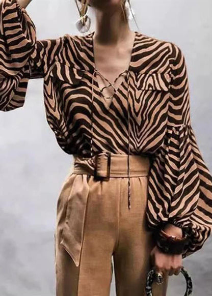 Zebra Print V-neck Lace-up Lantern Sleeve Shirt