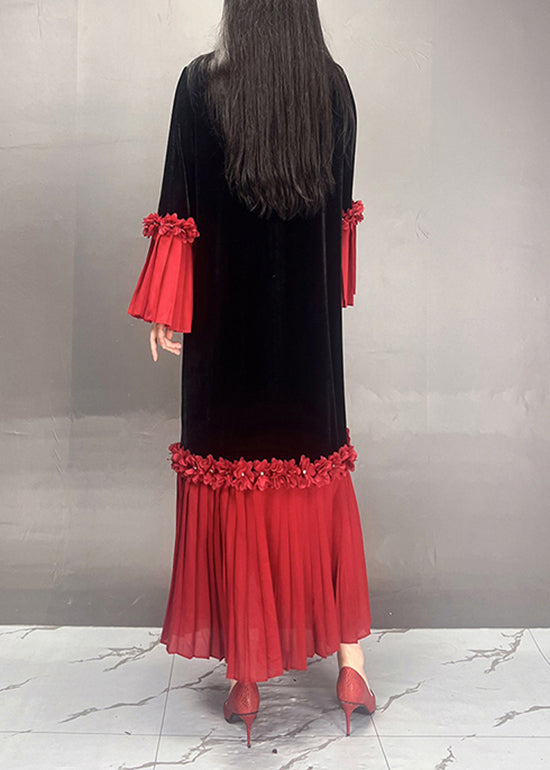 Red O Neck Chiffon Patchwork Velvet Dresses Flare Sleeve