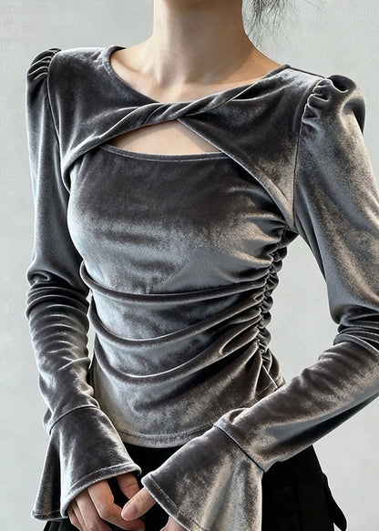 Grey Patchwork Hollow Out Silk Velour Tops Fall