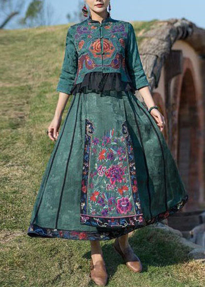 Fine Green Wrinkled Embroidered Pockets Patchwork Silk Skirt Summer