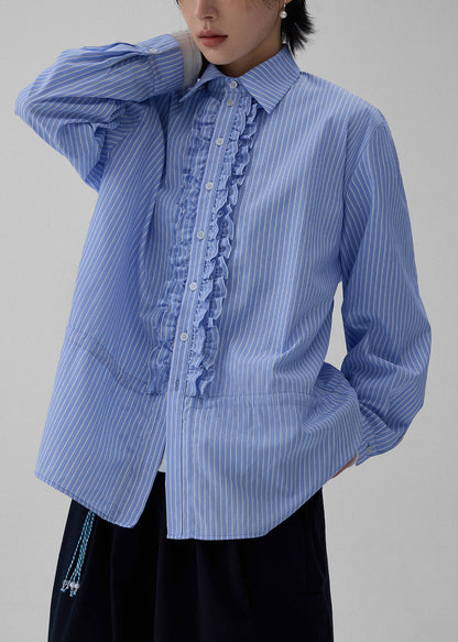 Striped Blue Peter Pan Collar Ruffled Cotton Shirt Fall