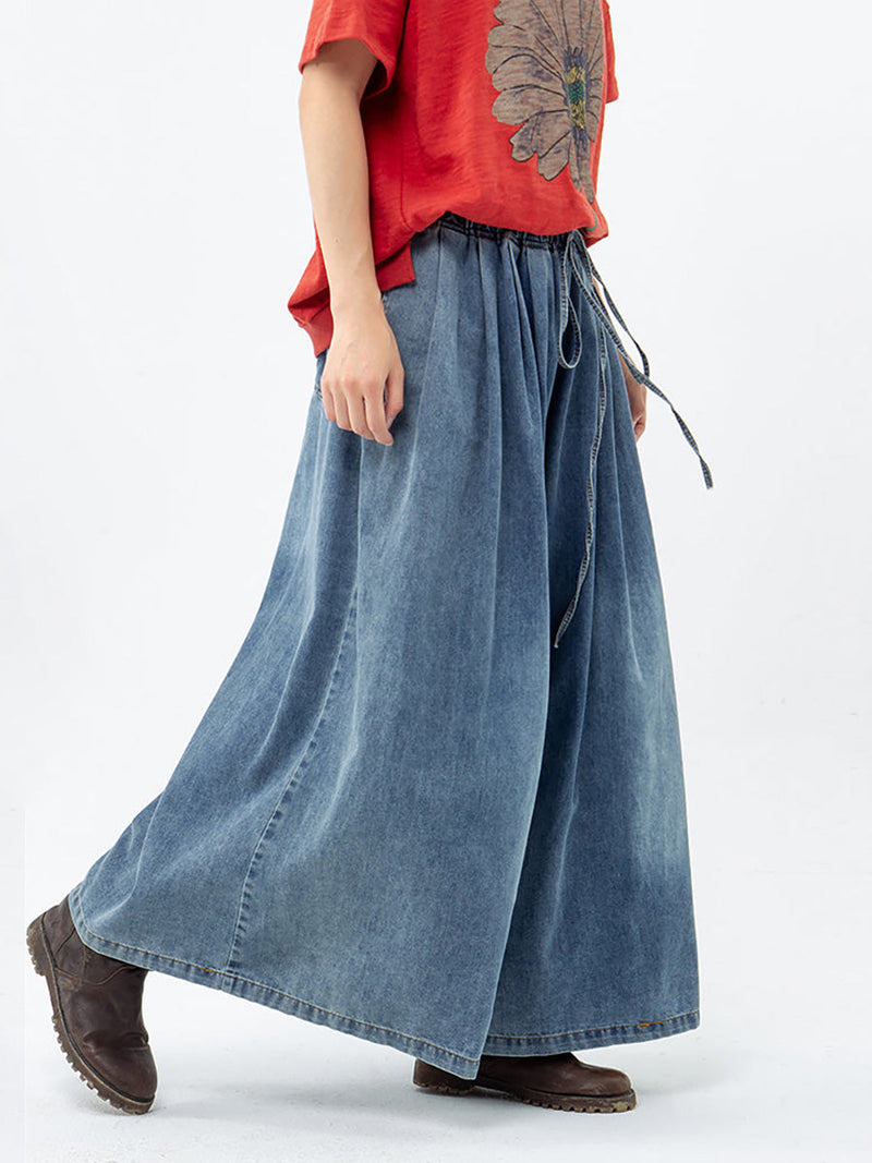 Drawstring Blue Denim Wide Leg Pants Jeans
