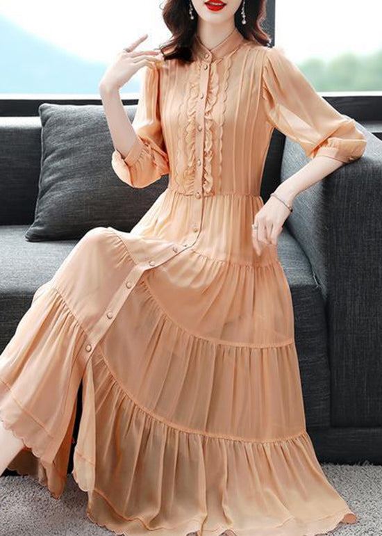 Classy Blue Ruffled Button Patchwork Silk Long Dresses Summer