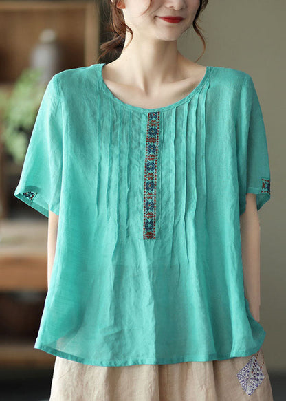 Lake Green O-neck Linen Tops Short Sleeve