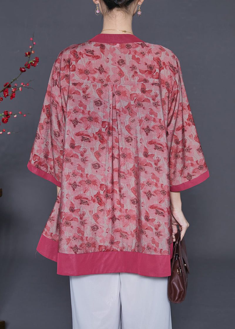 Red Print Cotton Shirt Oversized Bracelet Sleeve