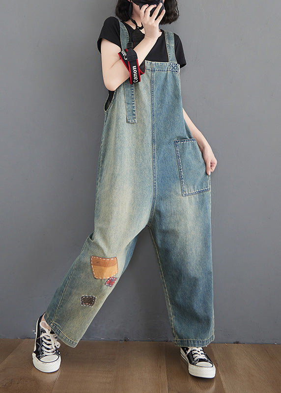 Washing Blue Patchwork Cozy Denim Long Jumpsuit