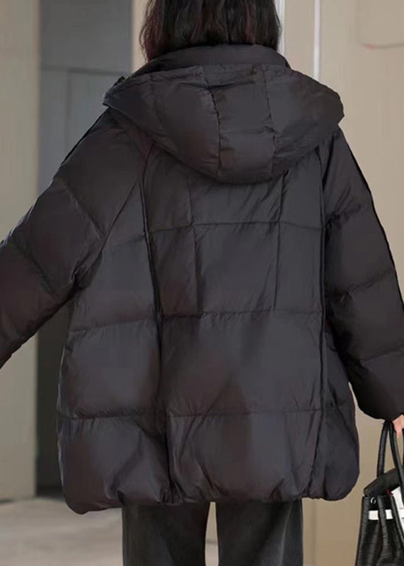 Natural Black Stand Collar Pockets Hooded Puffer Jacket Winter