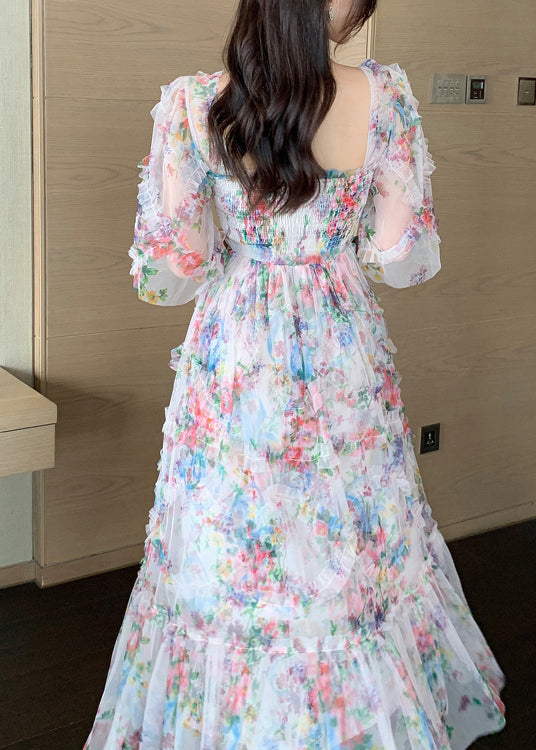 Pink Ruffled Patchwork Print Tulle Holiday Dress Summer