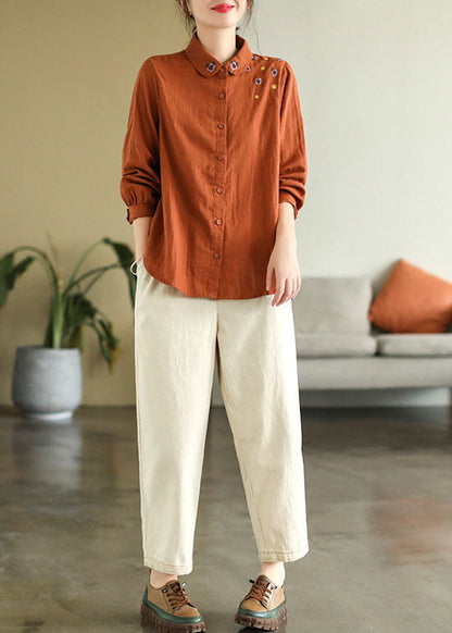 Diy Orange Turn-down Collar Embroidered Cotton Shirts Spring