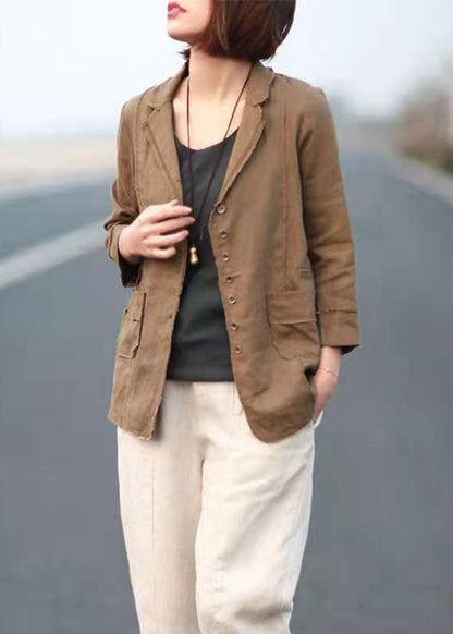 Khaki Patchwork Spring Linen Long Sleeve Tops