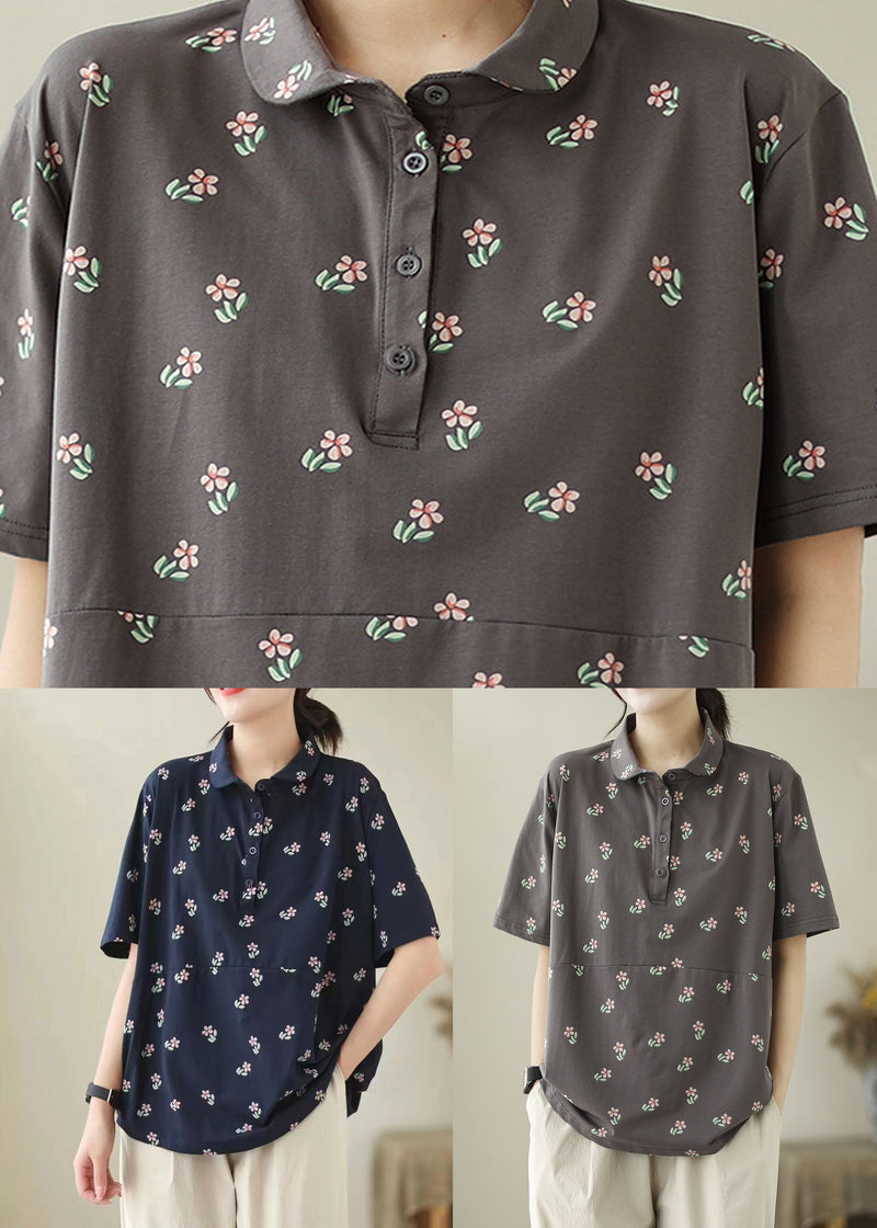 Navy Patchwork Cotton T Shirt Peter Pan Collar Summer