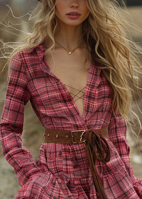 Plaid Ruffled Pastoral Style Long Sleeve Mini Dress