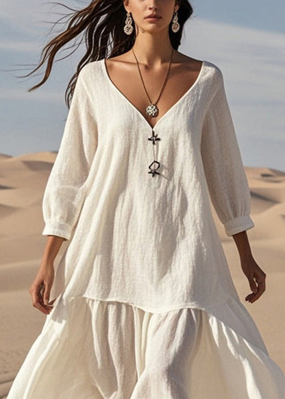 White V Neck Cotton Vacation Dresses Bracelet Sleeve