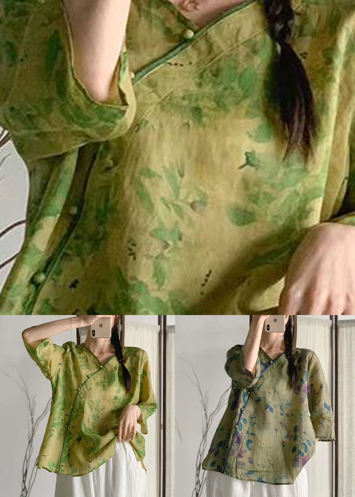 Navy V Neck Print Patchwork Linen Blouse Tops Summer