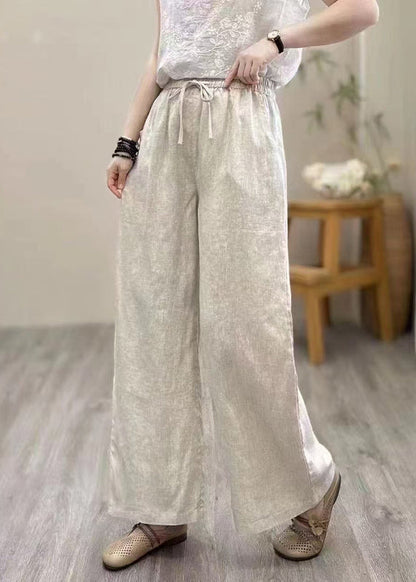 Khaki Elastic Waist Linen Straight Pants Summer