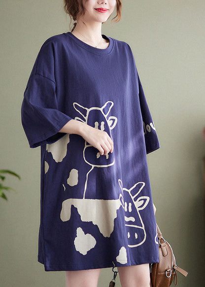 Blue O-neck Cow Print Cotton Vacation Dresses Short Sleeve