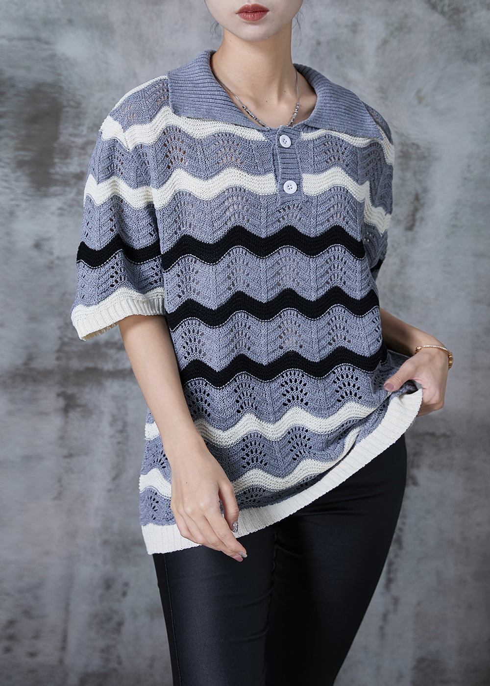Grey Striped Hollow Out Knit Top Summer