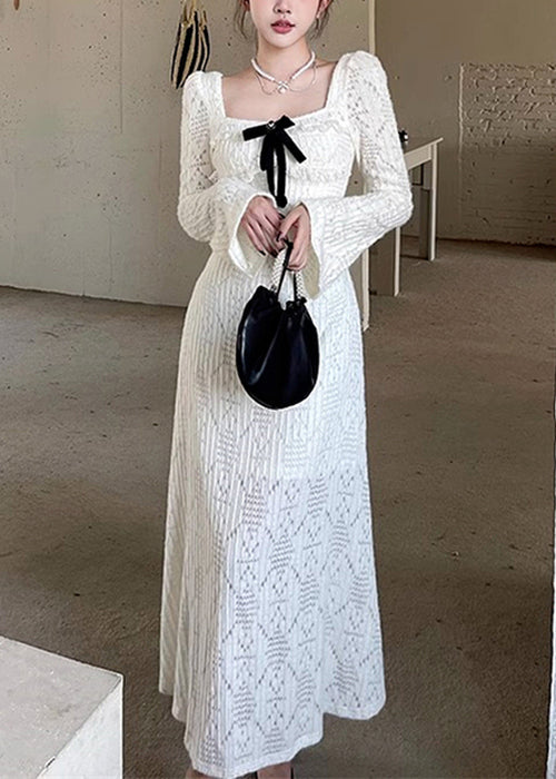White Square Collar Hollow Out Cotton Long Dresses Spring