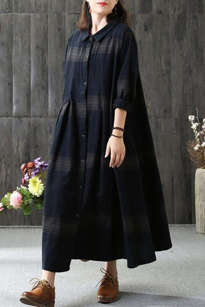 - Linen Plaid Dress Loose Long Sleeve Dress