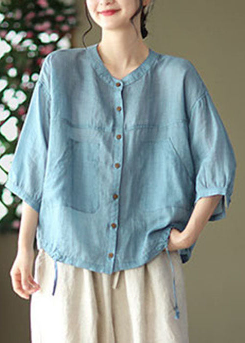 Light Blue Pockets Linen Shirt Tops Color Drawstring Bracelet Sleeve