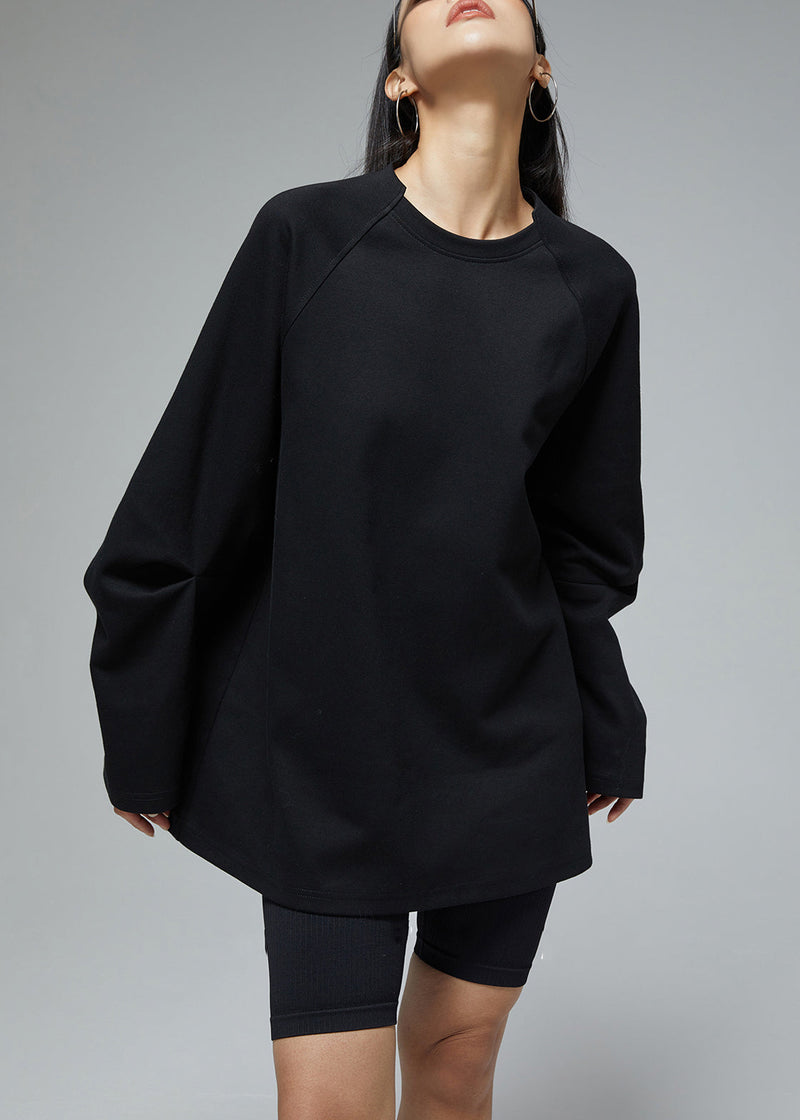 Black Loose Cotton Fall Sweatshirts O Neck