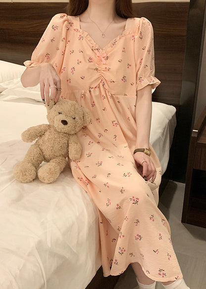 Pink V Neck Wrinkled Print Cotton Pajamas Long Dress Summer