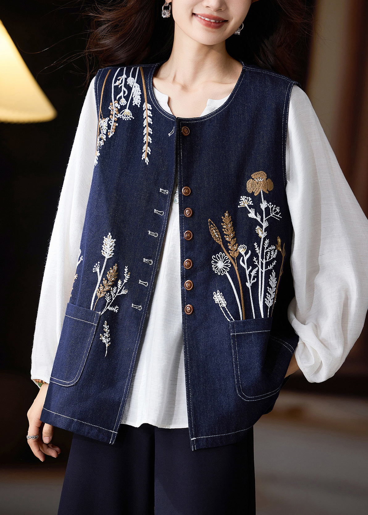 Diy Navy Oversized Embroideried Denim Vests Fall