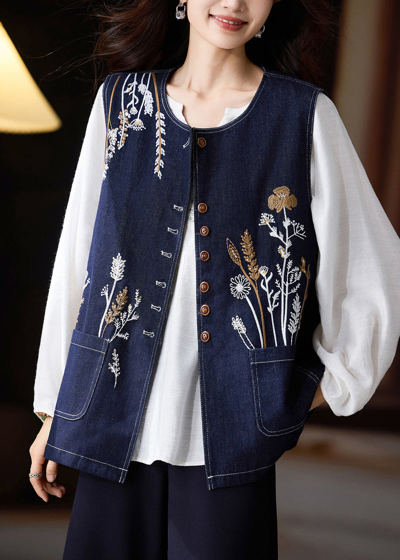 Diy Navy Oversized Embroideried Denim Vests Fall