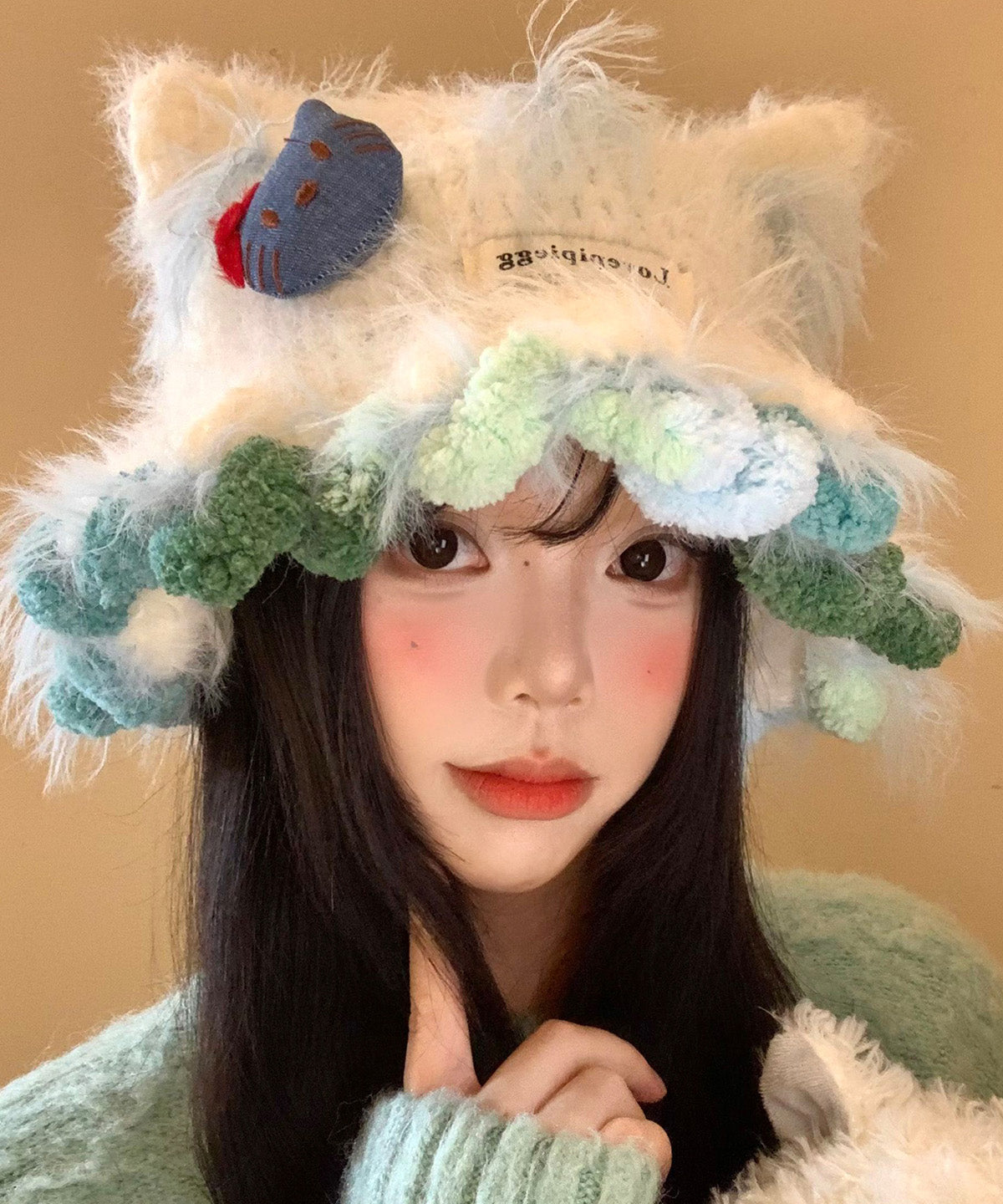 Beige Cat's Ears Warm Knitting Hat Winter