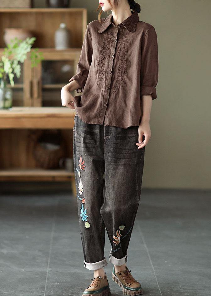 Organic White Loose Embroidered Fall Linen Long Sleeve Blouse Tops