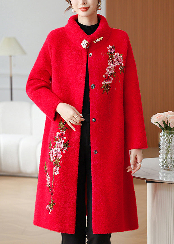 Red Embroidered Long Mink Velvet Coats Spring