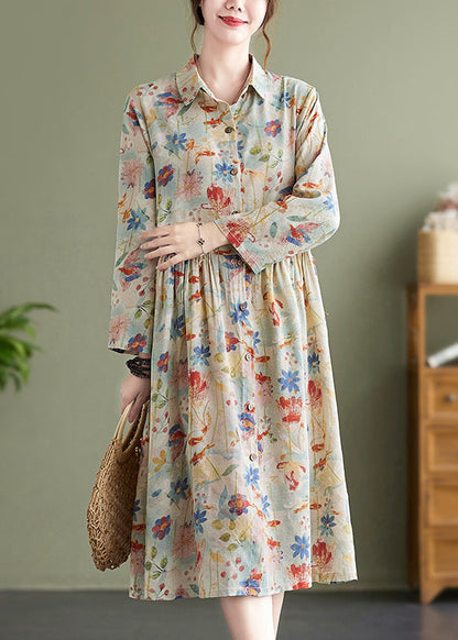 Peter Pan Collar Print Wrinkled Cotton Dress Fall
